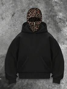 Women's Fashionable Leopard Print Double Hooded Half-Zip Jacket, Customizable With Text/Image Prints, Double Hooded Half-Zip Hoodie - Black - View 4