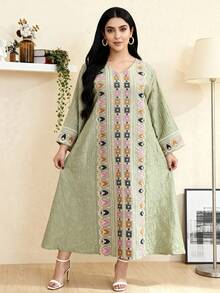 2026 New Style Ramadan Traditional Elegant Embroidered V-Neck Long Sleeve Dress For Women - Green - View 6