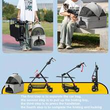 Cochecito plegable para mascotas con 4 ruedas y canasta de almacenamiento, marco de hierro duradero y malla de poliéster ventilada, manubrio ergonómico, diseño compacto plegable para perros y gatos, transportador para visitas al veterinario, compras y aventuras al aire libre, paneles de malla ventilada, construcción resistente, cochecito para perros grandes, medianos y pequeños, cochecito para auto