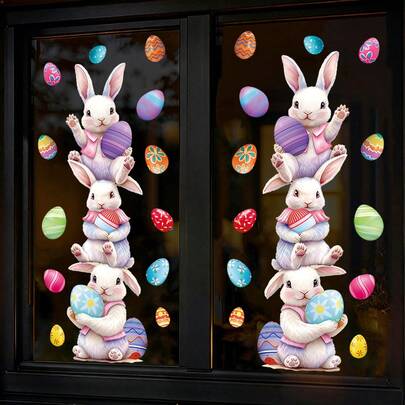 2件套 大号可爱兔子和复活节彩蛋叠层贴纸，DIY可移除窗贴，适用于家居、商店、酒店窗户装饰