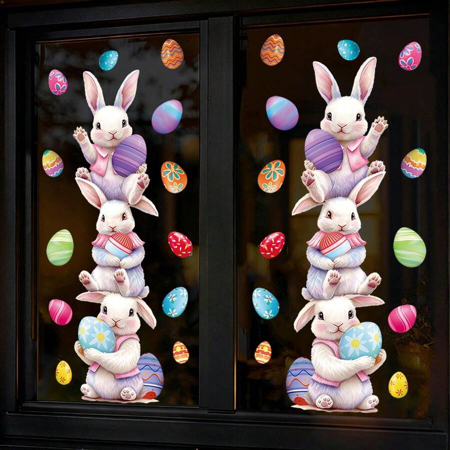 2件套 大号可爱兔子和复活节彩蛋叠层贴纸，DIY可移除窗贴，适用于家居、商店、酒店窗户装饰 - 彩色 - 查看 1