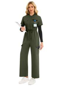 cimmuovere Zip Front Short Sleeve Tie Waist Casual Scrubs Nurse Scrubs Workwear Dentist Healthcare Pet Hospital Laboratory Jumpsuit - Dark Green - View 1