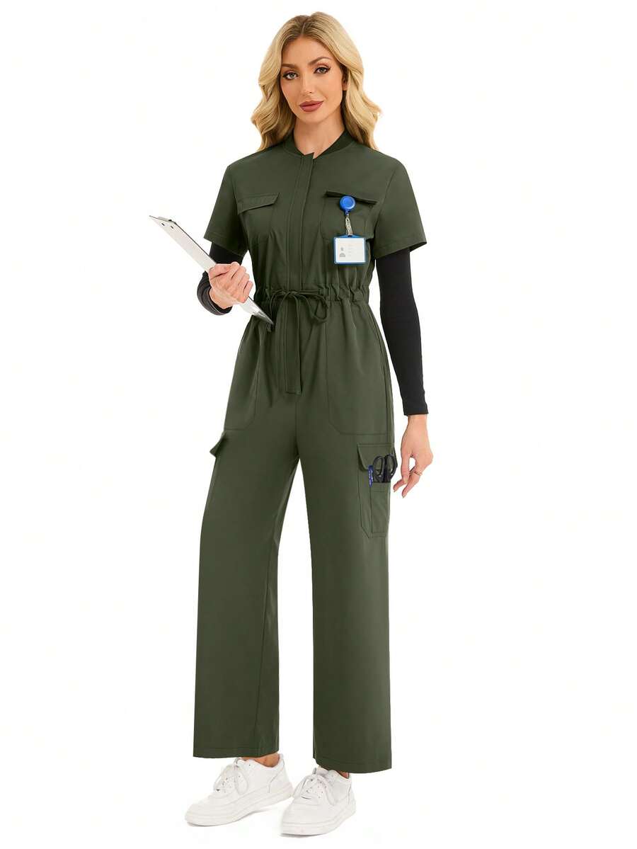 cimmuovere Zip Front Short Sleeve Tie Waist Casual Scrubs Nurse Scrubs Workwear Dentist Healthcare Pet Hospital Laboratory Jumpsuit - Dark Green - View 1