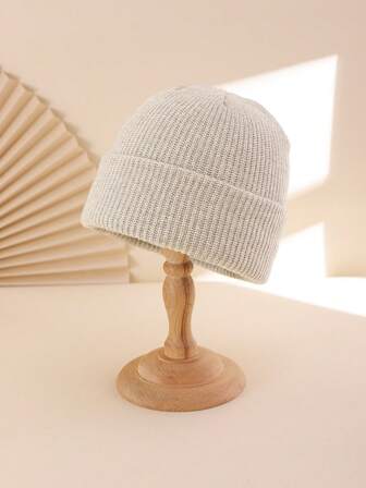 1 pieza Gorro de punto con puño de color contrastante para mujer, gorro tejido cálido y de moda, versátil para uso casual, salidas en pareja, otoño/invierno