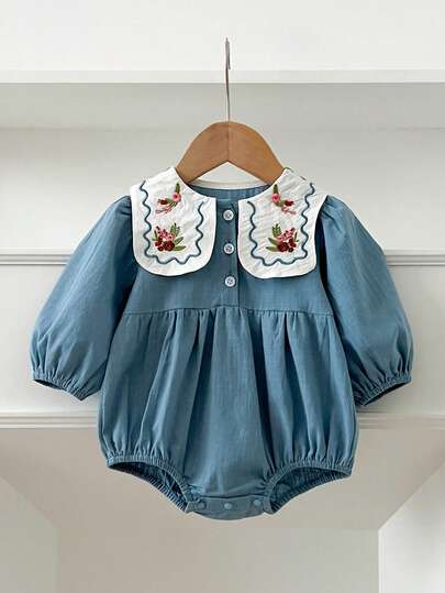 New Spring/Autumn Korean Style Baby Girl Embroidered Collar Bodysuit, Sweet Princess