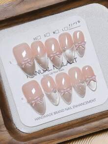 10 móng tay giả thủ công hình hạnh nhân, móng acrylic dán, cỡ trung bình, màu hồng nhạt, kiểu móng mắt mèo nổi bật, họa tiết chấm bi vẽ tay, đường kẻ bất đối xứng, đính nơ 3D ngọc trai nhỏ, kiểu móng mùa thu cá tính, thanh lịch, đơn giản, thích hợp cho tiệc tùng, hẹn hò, đi biển, nghỉ dưỡng nhiệt đới, tự làm móng nghệ thuật, thích hợp làm quà tặng cho phụ nữ và bé gái. - Hồng - Xem 1