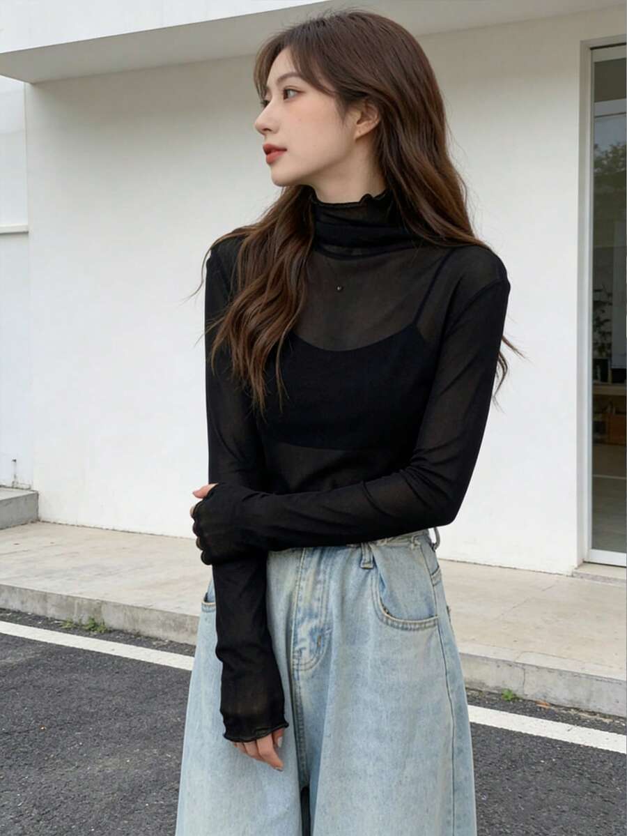 休闲生菜下摆透明高领无袖衬衫，适合春夏季 - 黑色 - 查看 1