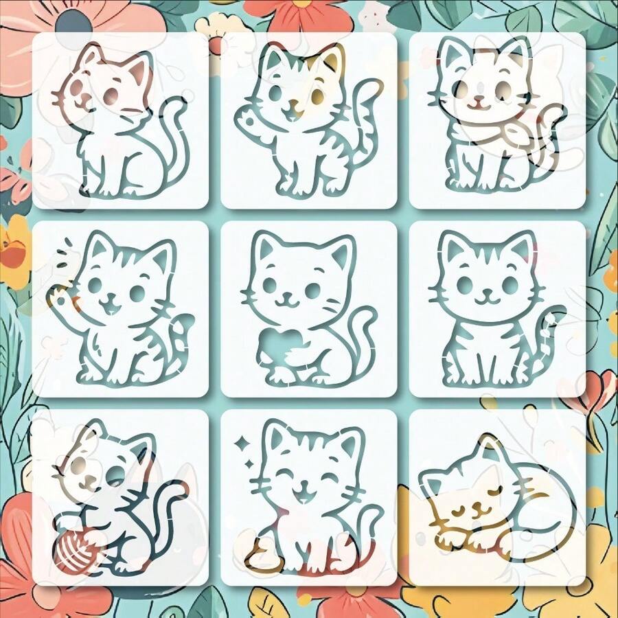 9pcs Cute Cat Pattern Stencils, Reusable, Suitable For Scrapbooking, Card Making, School Projects, Paper Craft, Journaling And DIY Art. - White - View 1