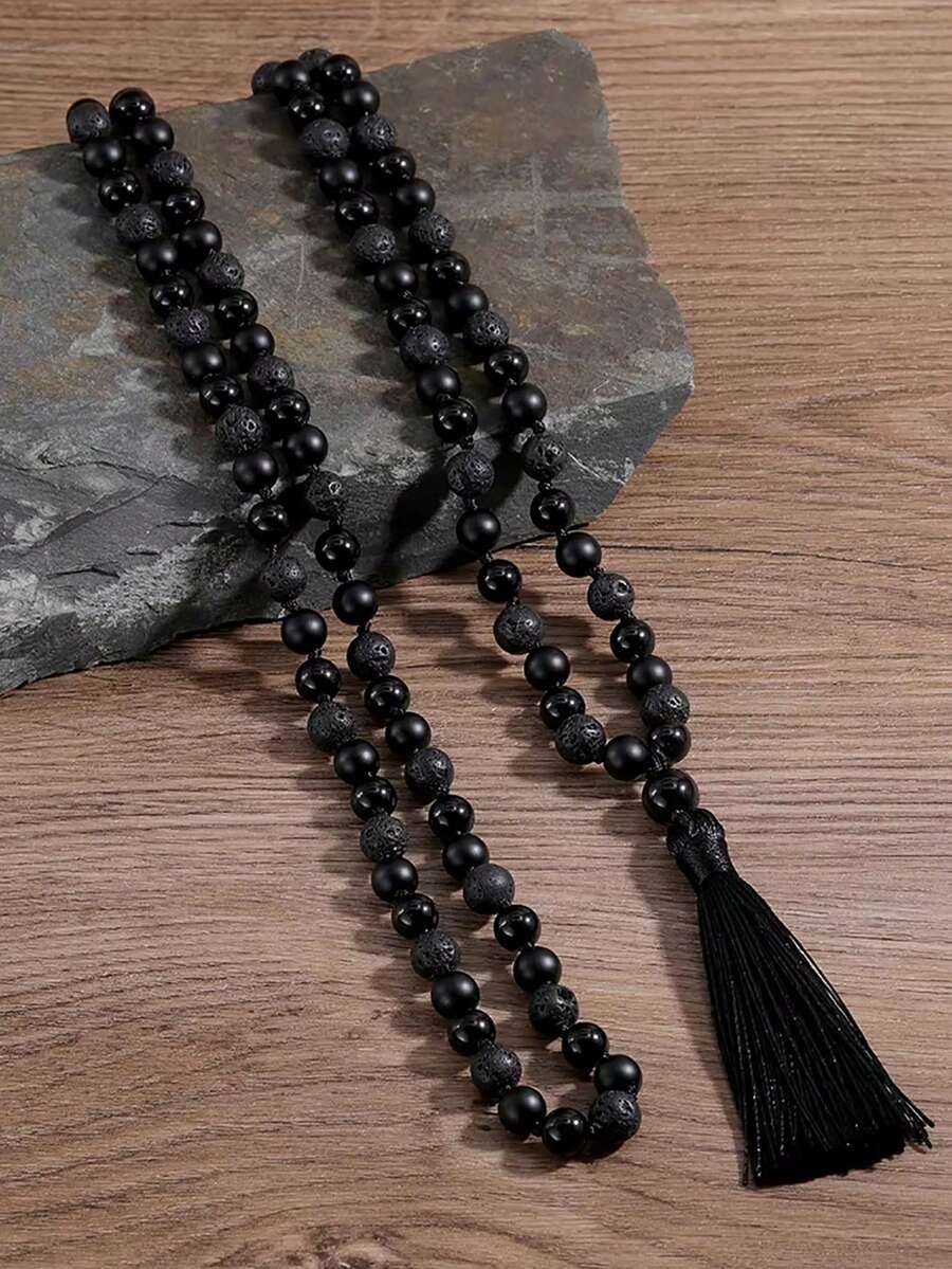 108颗手工打结念珠项链，天然石项链，流苏长项链，黑色火山岩珠项链，男女皆宜，祈祷和冥想 - 彩色 - 查看 1