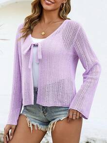 Womens Crochet Cardigan Tie Front Lightweight Mesh Knit Long Sleeve Beach Cover Up - 紫色 - 查看 4