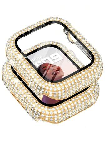 Accesorios compatibles con con protector de pantalla de vidrio templado incorporado, cubierta protectora con diamantes de cristal brillante y diamantes de imitación para mujeres y hombres, compatible con Apple Watch 38/40/41/42/44/45/46mm, con Series SE/11/10/9/8/7/6/5/4/3/2/1, Oro