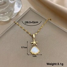 Shiny Gold Textured Chain Necklace With Starfish & Mother-Of Pendant - Fresh Nautical Design, Delicate Beachy Jewelry For Summer Casual Stylish Looks,Unisex, Valentine's Day Gift, Stainless Steel Necklace - Multicolor - View 7