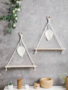 1/2 chiếc kệ treo tường đan thủ công - Kệ gỗ treo tường phong cách Bohemian, trang trí bằng hạt gỗ, kệ để cây treo mộc mạc, thích hợp cho phòng ngủ, phòng khách, ký túc xá, phòng trẻ em. - Màu be - Xem 14