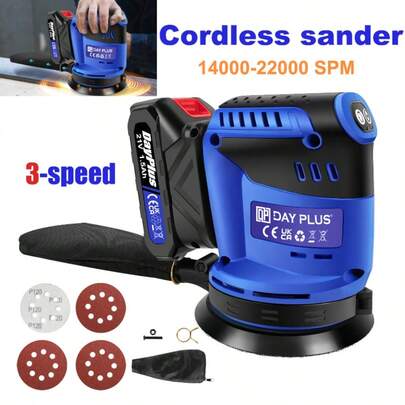 Royalswill 21V Cordless Random Orbital Sander, Complete With 1.5Ah Battery And Rapid Charger, 125mm Three-Speed (7000/9500/11000 OPM), 360° Rotating Sanding Pad, Random Orbital Sander, 12 Sanding Discs, Dust Bag - For Wood, Metal, Polishing And Sanding