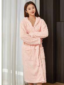 1PC Coral Fleece Hooded Women's Bathrobe 3D Turtle Shell Texture Soft Absorbent Belted Loungewear Winter-Spring Spa Wellness Home Lounge Bath & Dressing Gown Valentine's Gift For Birthday Wedding Anniversary Perfect For Her Multi-Colors Available - Multicolor - View 12