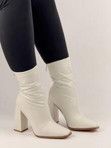Weiße Rautenmuster Plateau Stiefel mit Absatz für Damen, Retro Quadratische Zehenkappe Hochabsatz Stiefel, modische schlanke elegante Lederstiefel, Herbst/Winter - Weiss - Übersicht 3