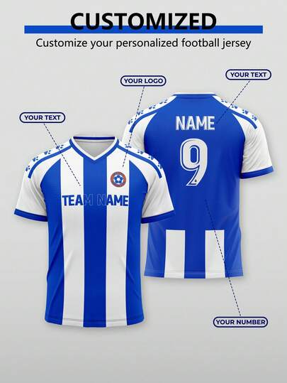 1pc Customized Football Jersey, La Liga Style, Blue And White Striped Patchwork. Customizable Number And Name. Can Be Used As Watching Gift, Father's Day Gift Or Celebration T-Shirt. Summer