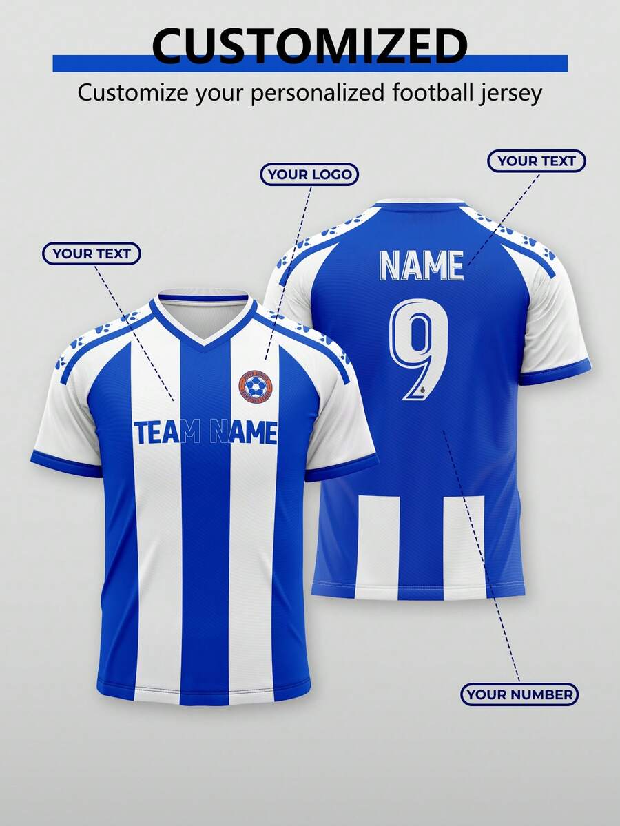 1pc Customized Football Jersey, La Liga Style, Blue And White Striped Patchwork. Customizable Number And Name. Can Be Used As Watching Gift, Father's Day Gift Or Celebration T-Shirt. Summer - Blue - View 1