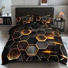 3pcs Cyberpunk Honeycomb Textured Printed Duvet Cover Set, Black & Gold Color Scheme, Hexagonal Honeycomb Pattern With Luminous/Gradient Texture, Futuristic Design, Suitable For Bedroom And Guest Room Bedding Decor (1 Duvet Cover + 2 Pillow Shams, No Filling) - Black - View 8