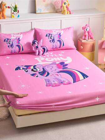  2/3pcs My Little Pony Printed Bedding Set, Includes Fitted Sheet, Mattress Pad Cover, Soft & Breathable, Warm, Available In Multiple Sizes For Twin/Full/Queen/King Beds, Machine Washable, Cartoon Character Design, Cozy Room Decor, Great Gift, Pink