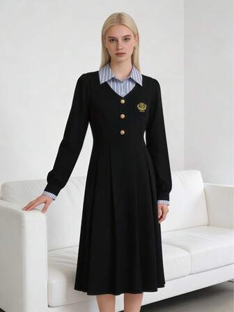 1 st retro amerikansk college-stil söt bantning tvådelad långärmad lapptäcksklänning i kontrastfärg, koreansk svart klänning, mjuk avslappnad klänning lämplig för dejter, eftermiddagste, campus, examensfoton