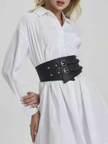 1pc Women's Versatile Personalized Black Silver Double Buckle Adjustable Waist Belt, Suitable For Daily, Party, Commute And Other Occasions - Black - View 3