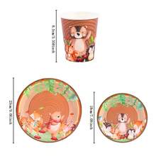 树桩动物造型一次性餐具套装，7/9英寸派对餐盘，一次性纸盘和纸杯，适用于节日、婚礼、订婚、生日、派对、庆典礼物及婚礼派对用品 - 彩色 - 查看 2