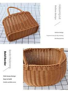 Large Capacity Hollow Breathable Handmade Woven Tote Basket, Original Decor, Natural Hollow Design, Handheld, Rustic Natural Style, Open Weave Basket, Suitable For Home Storage, Country Style Home Enthusiasts, Handicraft Lovers, Picnics & Camping, Market Vendors, Applicable For Kitchen, Dining Room, Balcony, Garden, Commercial Store Display, Gift Giving. Random Style Shipped. - Multicolor - View 4