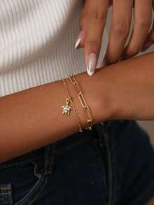 Nooxian 2pcs/Set Women Bracelets Set, Bohemian Summer Beach Style, Golden Electroplated Multi-Layer Basic Chain, Safety Pin Chain, Copper Inlaid Zirconia Turtle Pendant Multi-Layer Stacking Bracelets Set, Ocean Series Jewelry Gift - Yellow Gold - View 2