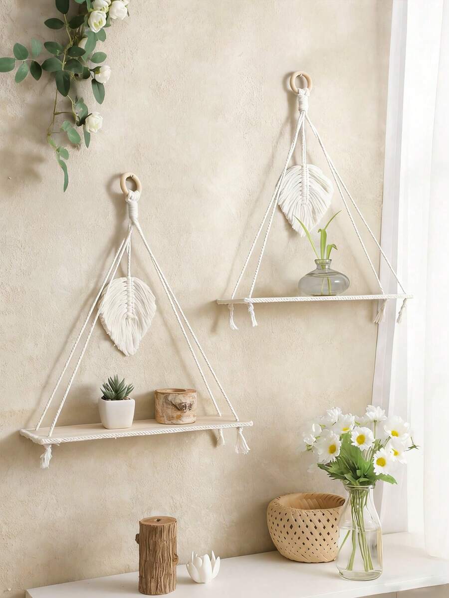 1/2 chiếc kệ treo tường đan thủ công - Kệ gỗ treo tường phong cách Bohemian, trang trí bằng hạt gỗ, kệ để cây treo mộc mạc, thích hợp cho phòng ngủ, phòng khách, ký túc xá, phòng trẻ em.