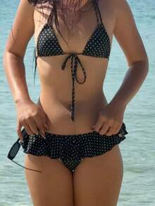 Women Polka Dot Bikini Set Halter Triangle Top With Ruffle Skirt Bottom Two Piece Swimsuit For Summer Beach - 黑色 - 查看 4