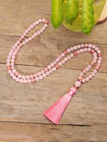 Boho Style Necklace 8mm Pink Rhododenite & Rose Quartz 108 Mala Necklace With Tassel Rosary Meditation Yoga Prayer Jewelry For Women Men, Self-Love And Trust - Multicolor - View 7