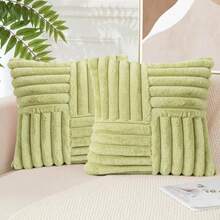 2pcs Plush Decorative Throw Pillow Covers, Soft & Fluffy Waist Cushion Covers, Comfortable Striped Faux Fur Pillow Shams, Suitable For Bedroom Bedding, Home Decor, Sofa, Camping, Outdoor And More Occasions. - Matcha Green - View 8