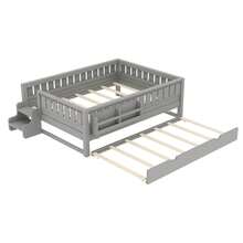 FUNIDEE Full Size Platform Bed With Trundle, Platform Bed Frame With Built-In Bookshelves And Rounded Small Staircase, Bed Frame With Guardrails For Kids - 灰色 - 查看 8