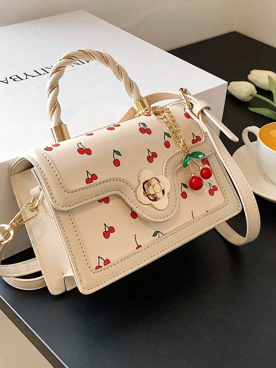 Fashionable High-End Pu Tote Bag With Versatile Square Shape And Cute Cherry Print, Perfect For Shopping, Dating Or Cross-Body For Girls Send Scarf., Best Mother's Day And Valentine's Day Gifts - Cherry trắng - Xem 1
