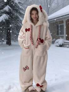 1件可爱兔耳红色蝴蝶结连帽浴袍,珊瑚绒卡通风格浴袍 - 冬季保暖珊瑚绒卡通动物连帽浴袍,带大口袋和袖口的连帽浴袍,情人节礼物长袖保暖加厚纽扣休闲家居服套装,女士睡衣套装,秋冬 - 彩色 - 查看 2