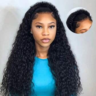 ZHENDEFA Peluca de encaje frontal de 360°, cabello humano, correa oculta, peluca de encaje frontal rizado en espiral de alta definición, con cordón, peluca de encaje completo de 360°, peluca de cabello humano virgen brasileño, para mujeres, negro natural