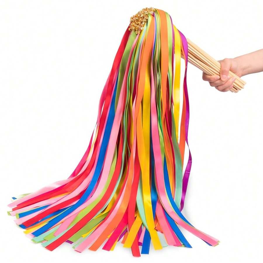 100 piezas Varitas con cinta de colores del arcoíris y campana dorada, varitas de deseo de hadas multicolor para fiestas, idea de despedida con cintas, para boda, despedida de soltera, desfile del orgullo, ceremonia, accesorios para fotos, arcoíris - arcoíris - Ver 1