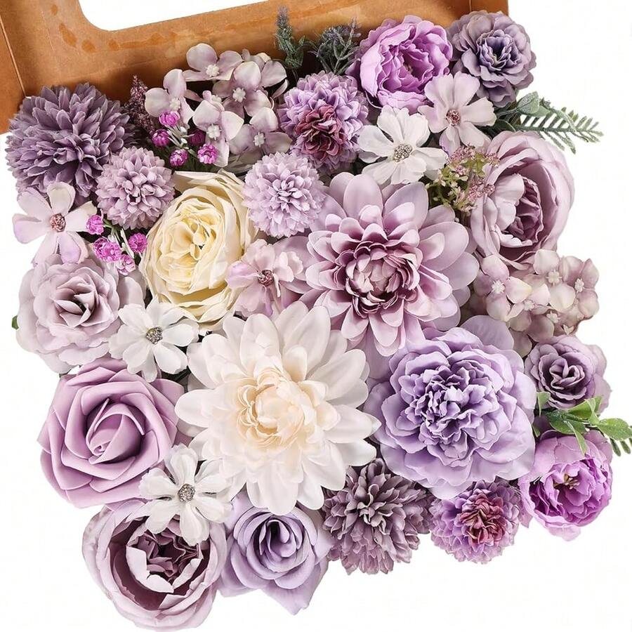 [Free Shipping]Artificial Flowers Combo Purple Rose Hydrangea Fake Flowers With Stem For DIY Wedding Bouquets Centerpieces Arrangements Bridal Ba By Shower Home Decor - 復古紫色 - 查看 1