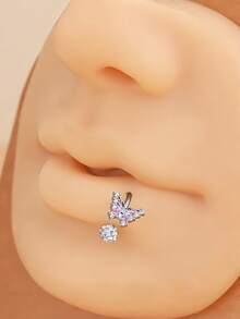 1入組藍色漸層蝴蝶唇環，C形環，馬蹄環，不鏽鋼，穿體飾品，唇釘