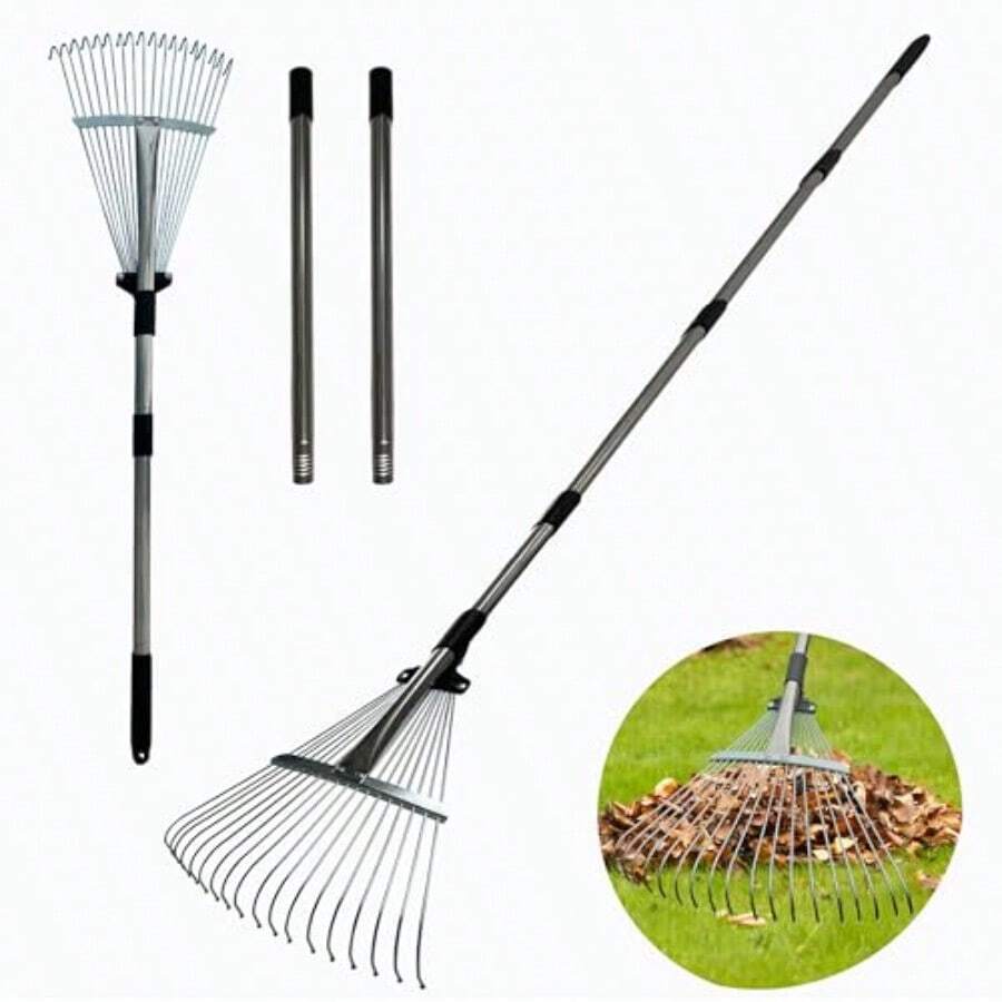Rastrillos de jardín rastrillo de metal ajustable mango ligero de acero de 33 a 69 pulgadas con cabeza expandible de 8 a 15 pulgadas rastrillo de limpieza rápida para arbustos cama de flores - Metal - Ver 1