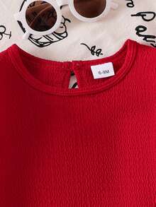 2 件套女婴休闲纯色荷叶边盖袖上衣和蝴蝶刺绣松紧腰牛仔长裤套装 - 酒紅色 - 查看 3