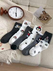 6 Pairs Women's Cute Cartoon Animal, Penguin, Letter Print Fashionable Breathable Mid-Calf Socks - Multicolor - View 3