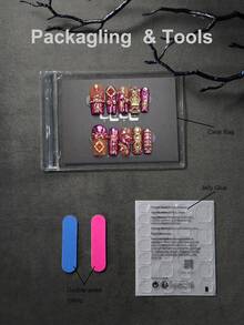 10片装女士亮粉色水钻美甲贴片，裸粉色底色，金属粉色，法式贴片，自然肤色底色，激光金色，饰以亮片、水钻、皇冠、六芒星图案，全覆盖方形美甲贴片套装，优雅设计，适合女士和女孩。包含1瓶甲油胶和1把指甲锉。新年、日常、派对美甲贴片，美甲用品。 - 粉色 - 查看 8