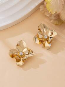 1对奢华金属质感复古水钻装饰双层花朵耳钉，女士款，金色