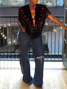 Valentine's Day, Date Night Outfit, Gifts For Her Women's Black Fringed Western Vest - Red Triangle Trim & Open Front Design |Bold Decorative Detail For Night Out, Fashion Gatherings & Western-Themed Parties For Daring Stylish Looks - 黑色 - 查看 4
