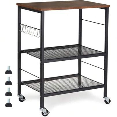 Kitchen Baker's Rack, Nightstand End Table For Kitchen Bedroom Living Room Office, Printer Stand Microwave Oven Stand Shelf 3-Tier Industrial Utility Cart With 10 Hooks, Rustic Brown,37306856