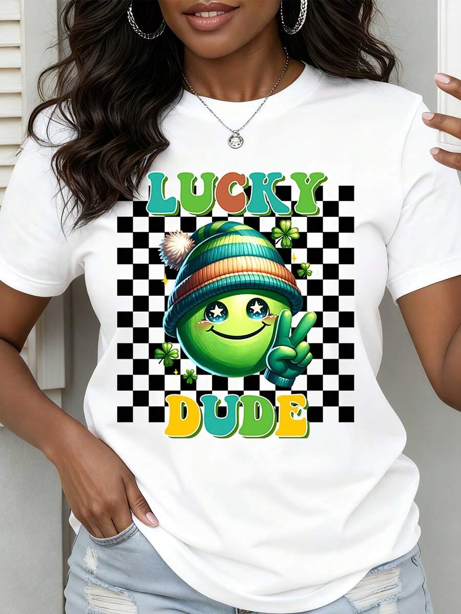 Lucky Dude  T Shirt Lucky Dude Text And Green  Wearing Hat With Checkered Background Casual Wear For St Patrick's Day Party Outfit - White - View 1