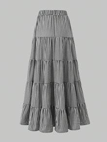 EARO 夏季新款黑白格纹A字喇叭裙，高腰宽松显瘦长裙 - 黑白格 - 查看 3