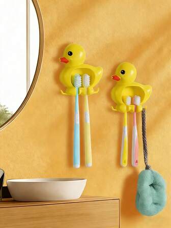 Cute Duck Wall-Mounted Toothbrush Holder, No-Drill Suction Cup Bathroom Organizer, Waterproof Dustproof Plastic Cartoon Decor, Perfect For Bathroom Storage And Toiletry Organization, Playful Design, Easy Installation, Perfect Gift For Family And Friends
